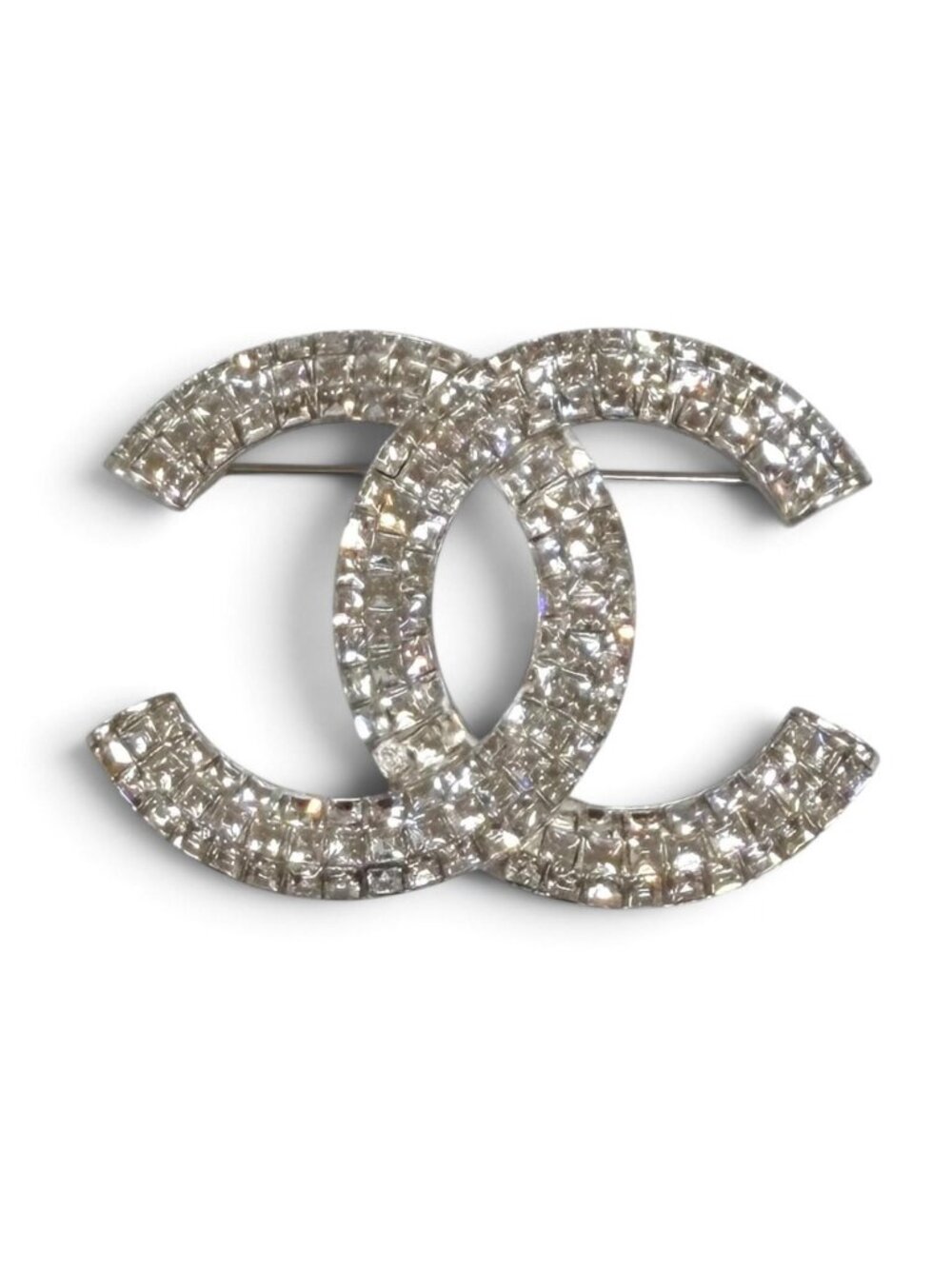 Chanel CC Logo Rhinestone Brooch Silver